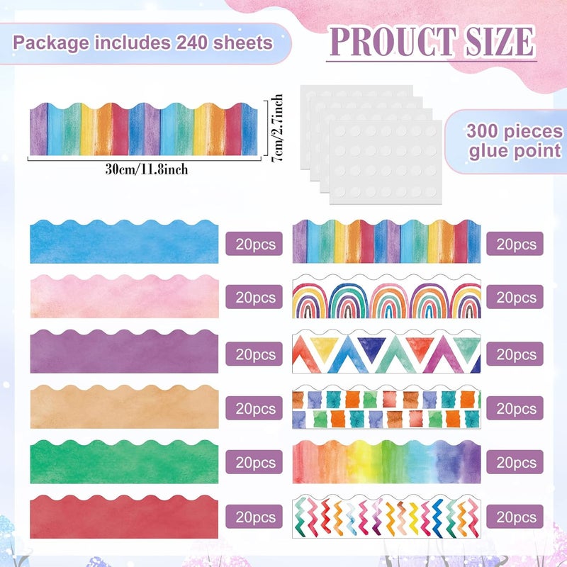 Geyee 240 Pcs 236ft Holiday Bulletin Board Borders Colorful Rainbow Scalloped Border Trim Bulk Bulletin Decor for Classroom Back to School Decor(Watercolor Style) - Image 2